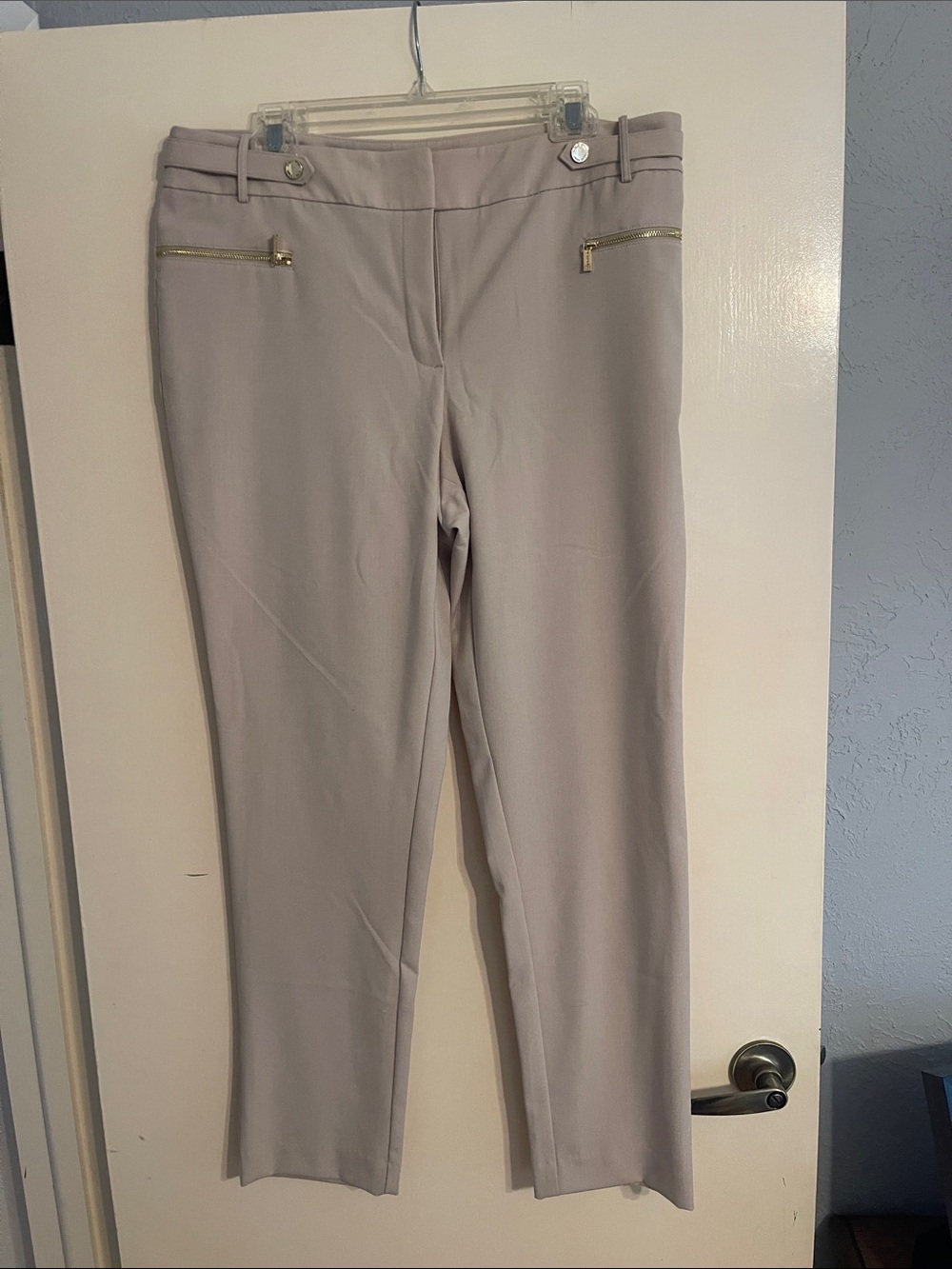 Calvin Klein Light Taupe Straight-Leg Dress Pants with Gold Zips
